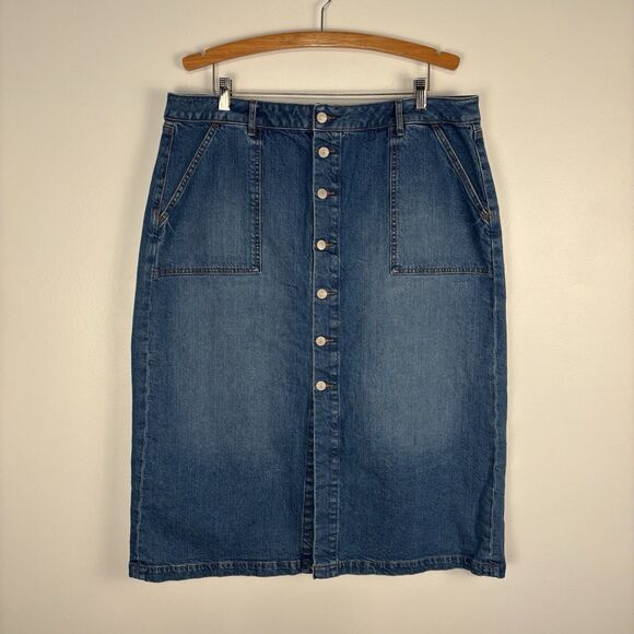 Loft Womens 18 Denim Jean Button Front Straight Midi Skirt Modest - Picture 1 of 6